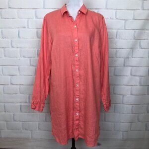 J Jill Love Linen Coral Tunic Shirt Dress Size L Long Sleeve 100% Linen